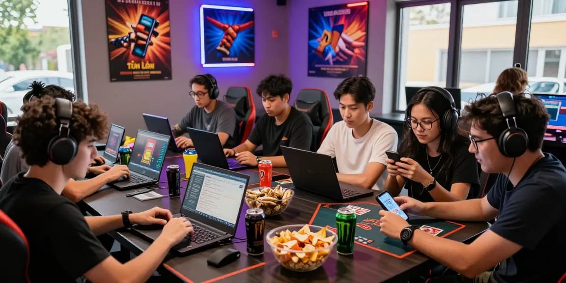 Friends enjoying game bài đổi thưởng in a vibrant gaming lounge filled with excitement and colorful lighting.