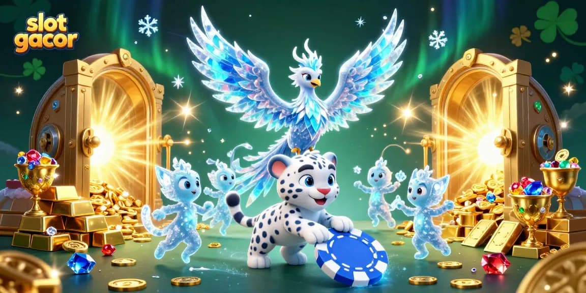 Experience the magic of slot gacor with a playful ice phoenix and vibrant casino elements in a captivating illustration.
