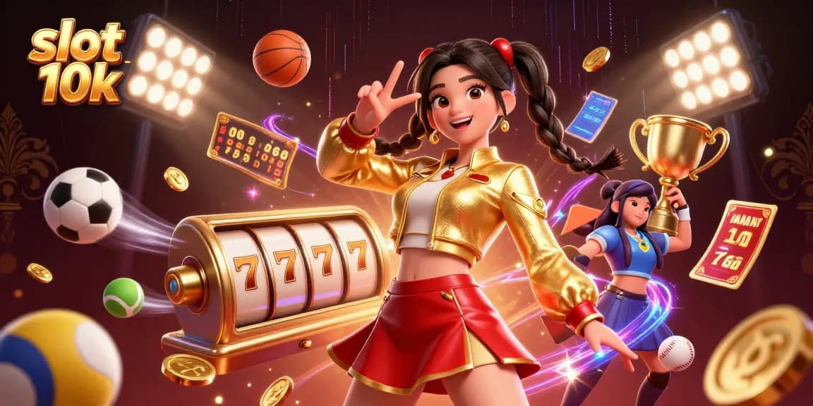 Engage in dynamic slot 10k gaming with an energetic illustration of a joyful woman and colorful slot elements.