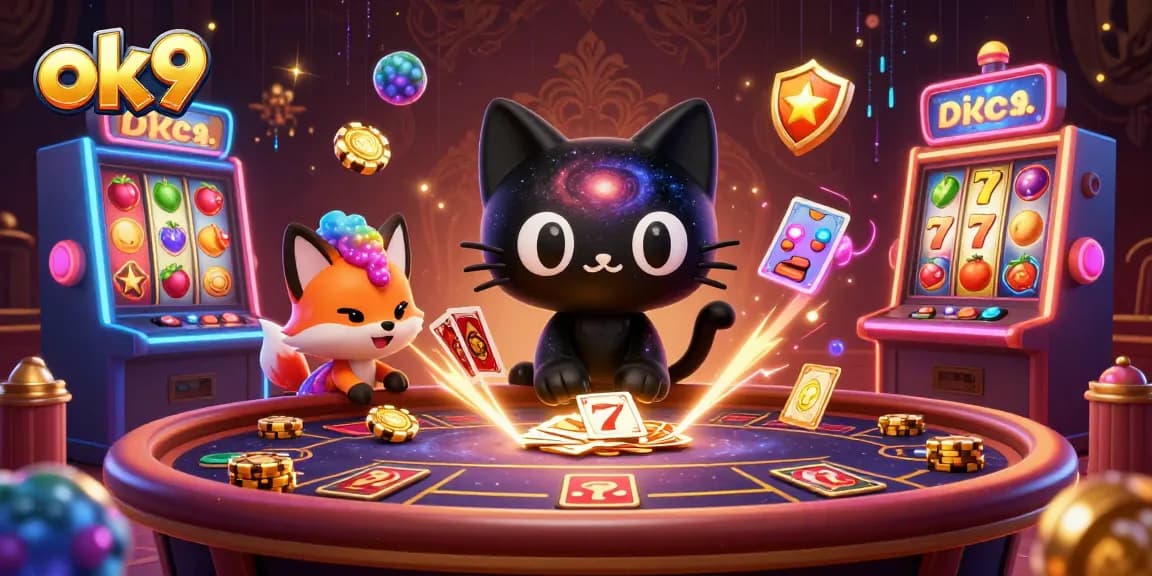 Experience thrilling gameplay at ok9’s cosmic gambling table with vibrant characters and spinning slot reels.