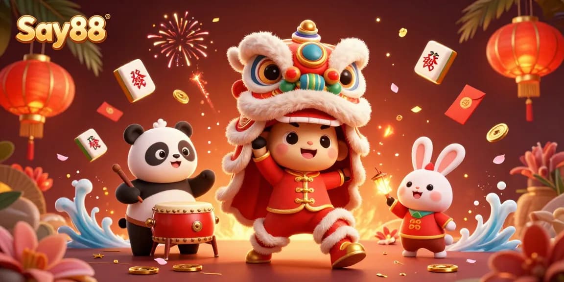 Experience the excitement of Say88 with vibrant gambling elements and festive characters.