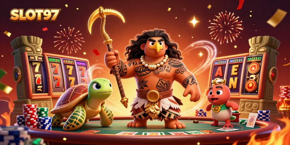 SLOT97 showcases a thrilling casino scene with vibrant slot reels and a demigod theme, inviting players to win big.