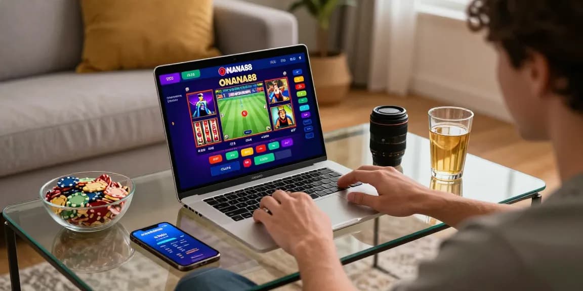 Engaging online gambling with ONANA88 platform on a laptop in a cozy living room setting.
