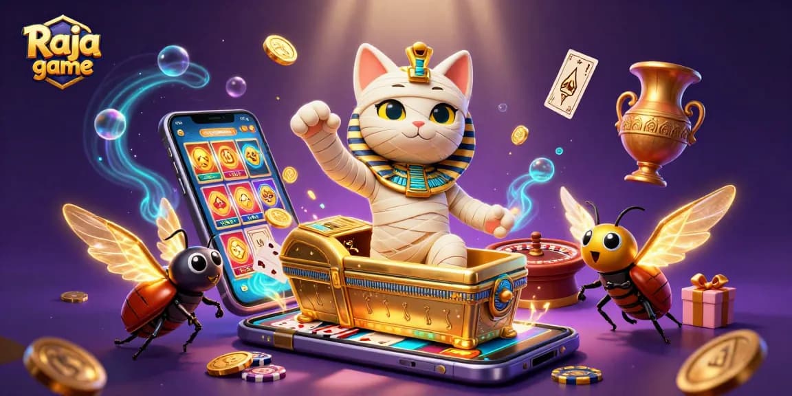 Experience the thrill of Raja game with a mummy cat and exciting casino elements in a vibrant 3D illustration.
