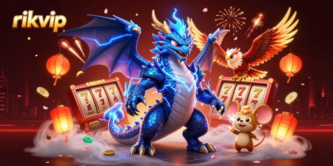 Engage with rikvip's thrilling slot games featuring vibrant characters and festive elements in a captivating casino scene.