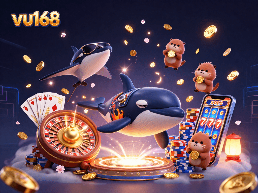 Experience the vibrant world of vu168 with 3D characters enjoying interactive gambling moments surrounded by glimmering casino elements.