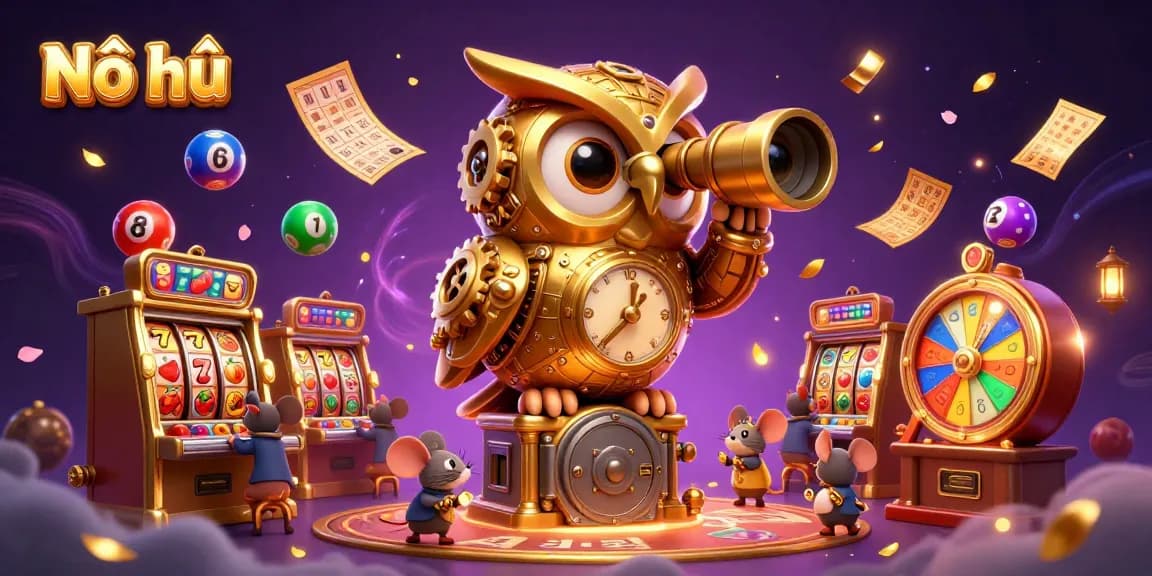 Nổ hũ game illustration with a golden owl and dynamic casino elements showcasing vibrant slot action.