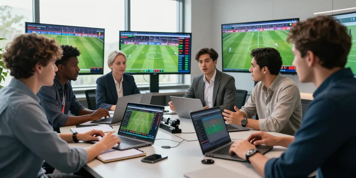 Analysts discussing kèo nhà cái strategies in a dynamic sports analysis room with screens showing betting odds.