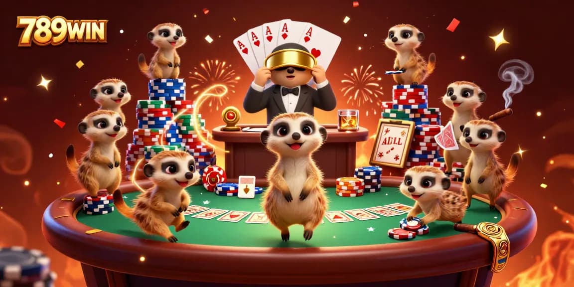Experience the thrill of 789WIN with cartoon meerkats managing a vibrant casino scene.