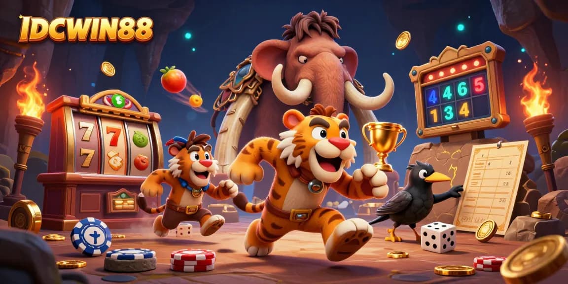 Experience thrilling gameplay with IDCWIN88 in a vibrant prehistoric casino setting filled with dynamic elements.