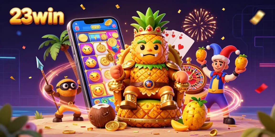Engage with the vibrant world of 23win featuring a golden pineapple king and exciting casino elements.