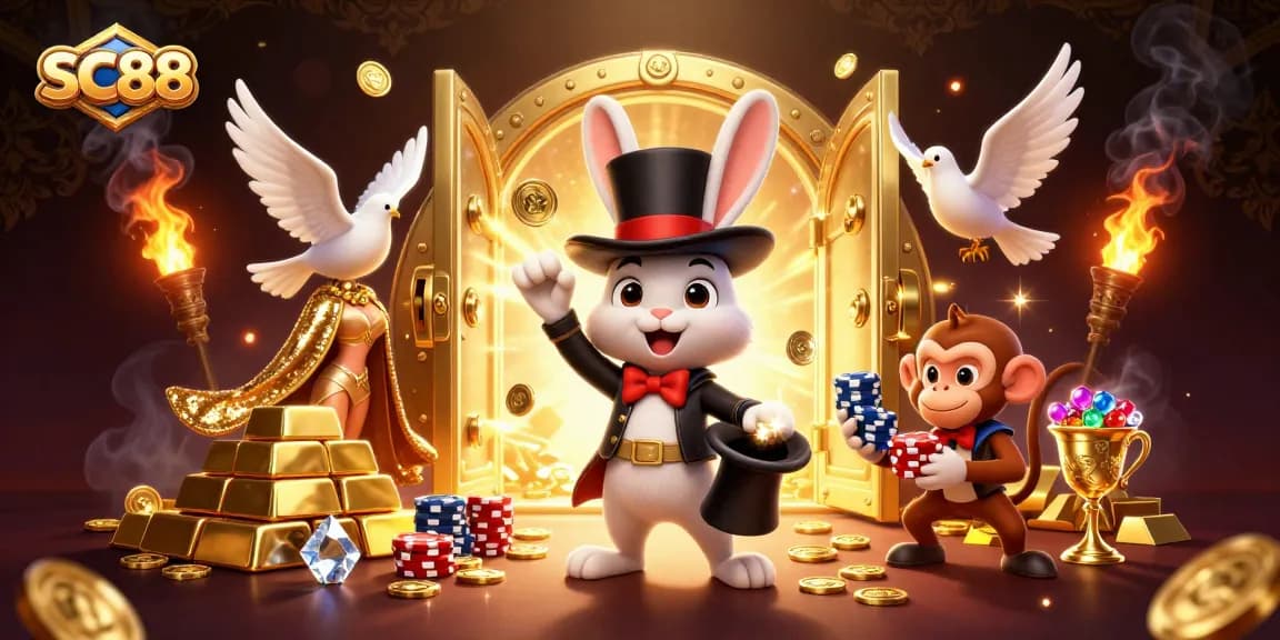 Experience the thrill of SC88 with a magician rabbit and dazzling casino elements in vibrant 3D art.