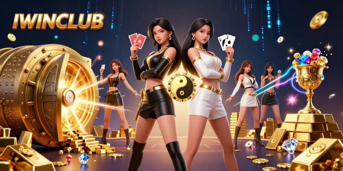 IWINCLUB reveals a stunning casino scene with dual Asian women showing expert play, surrounded by treasure.