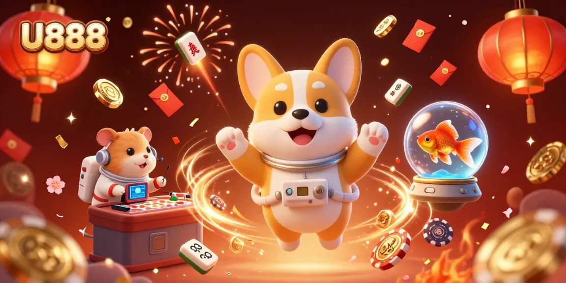 Engage with U888's vibrant casino universe featuring playful characters and festive gaming elements.