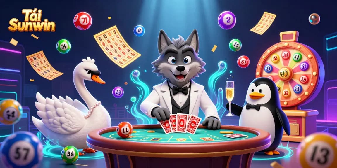 Experience the thrill of Tải Sunwin with a vibrant casino-inspired illustration featuring engaging characters.