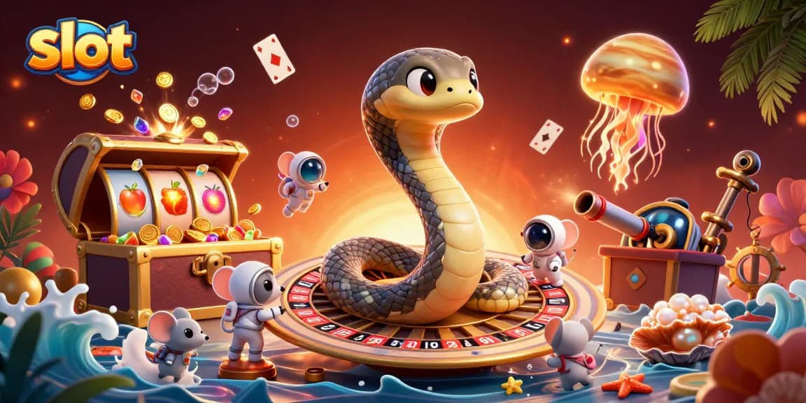 Engage with top slot action featuring vibrant slot reels and animated betting characters in a cosmic casino.