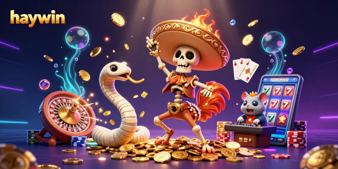 Experience the thrill of haywin with a lively 3D casino scene featuring a celebratory mariachi rooster atop golden coins.
