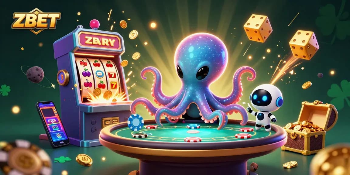 ZBET showcasing an alien octopus excelling at poker amidst a vibrant casino scene with dynamic elements.