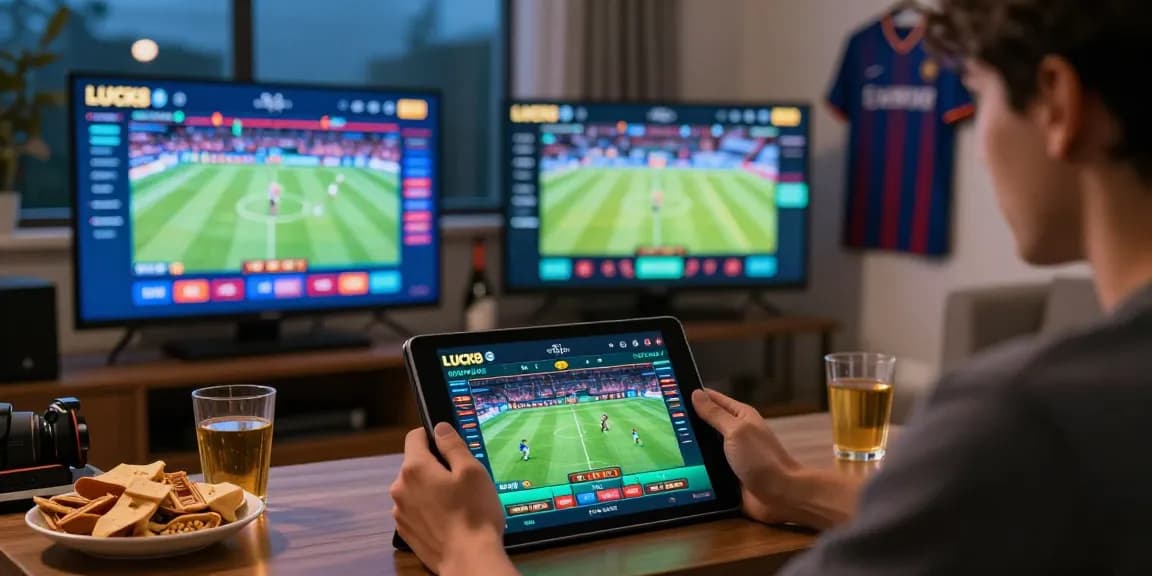 LUCK8 online betting experience with a joyful user engaging with live sports events at home.