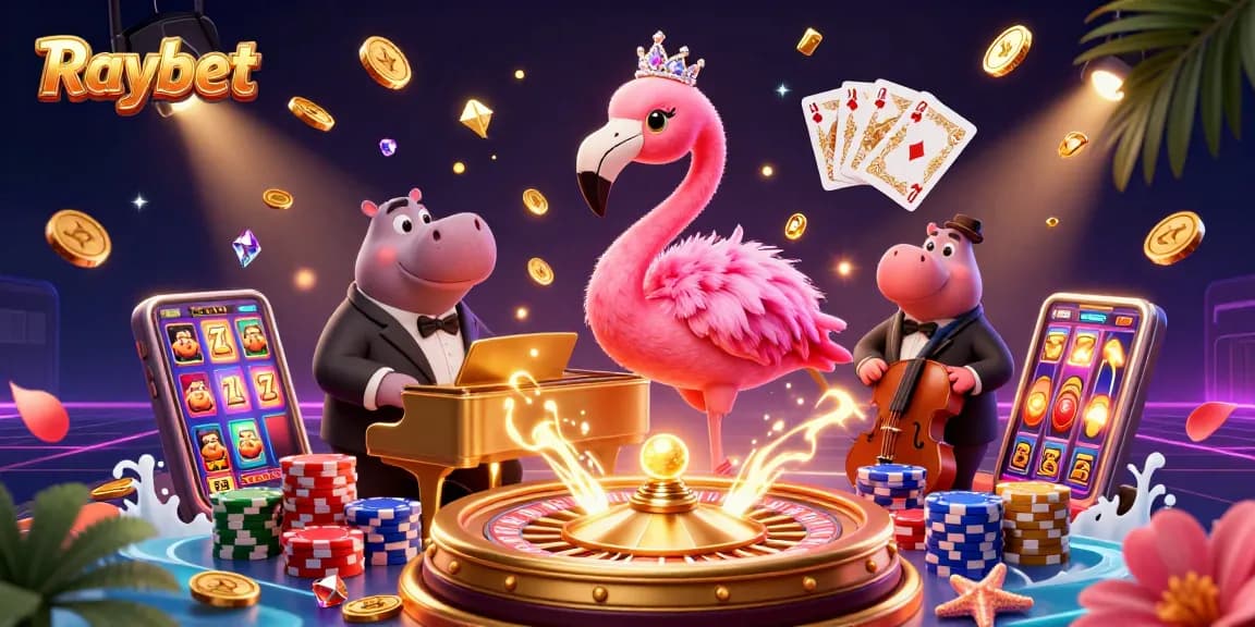 Raybet's vibrant casino scene features a singing flamingo, jazz hippo, and dynamic gaming elements.