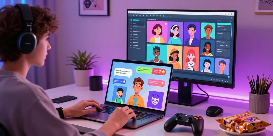 User engaging in NSFW AI chat with animated character on a laptop, colorful avatars and playful interaction suggestive of digital companionship.