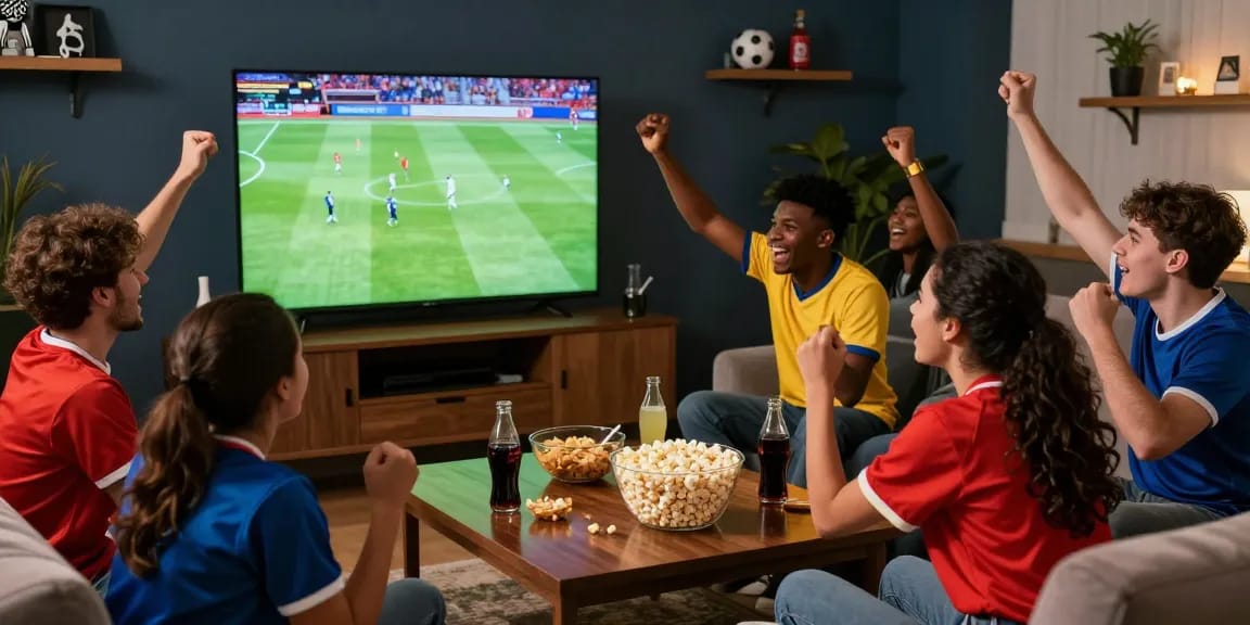 Group of friends watching a live football match in a cozy setting with ihdsports excitement.