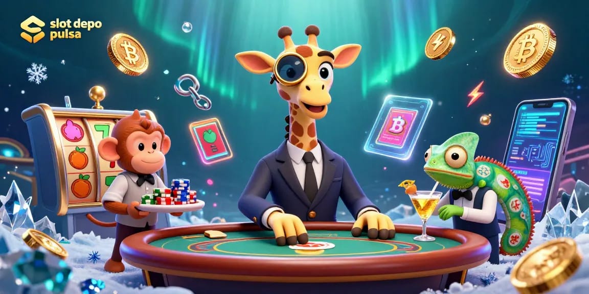 Menangkan jackpot di slot depo pulsa dengan karakter kasino yang penuh warna dan beragam simbol permainan.