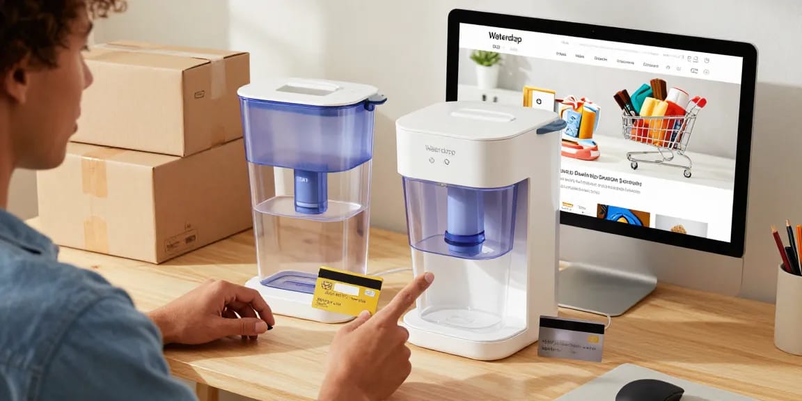 Waterdrop 40 Cup Dual Filter Dispenser showcased in an online shopping experience, best deals on e-commerce platform.