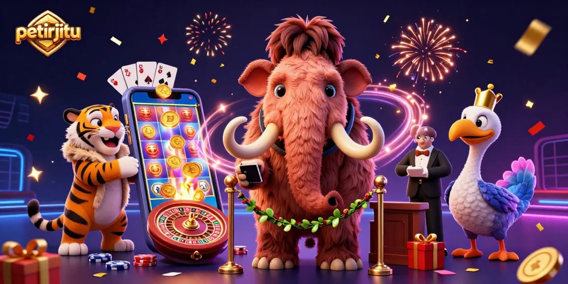 Permainan slot menyenangkan di petirjitu dengan karakter unik di latar belakang kasino.