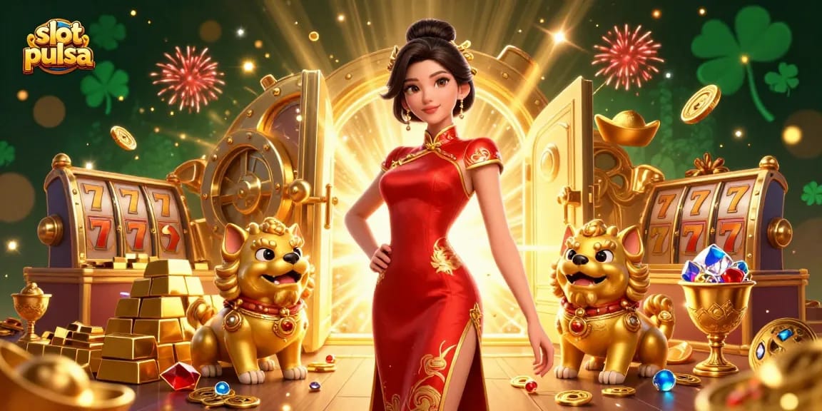 Experience thrilling slot pulsa action with a glamorous Asian woman among golden treasures and festive fireworks.