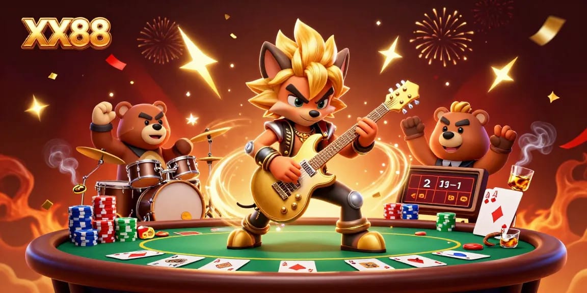 Experience vibrant gaming excitement at XX88 with a lively 3D party scene of rock star animals and poker elements.