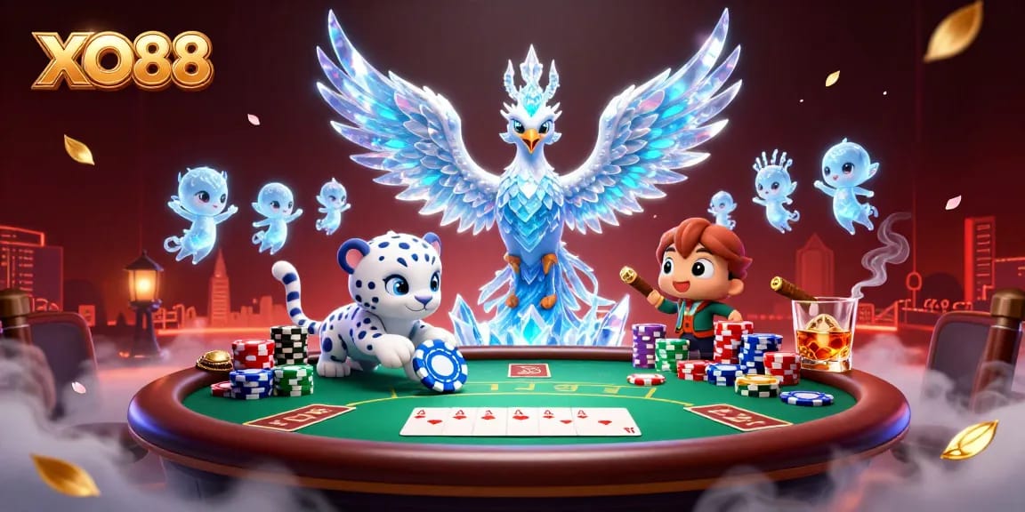 Experience the vibrant world of XO88 as a snow leopard and phoenix liven up a poker scene.