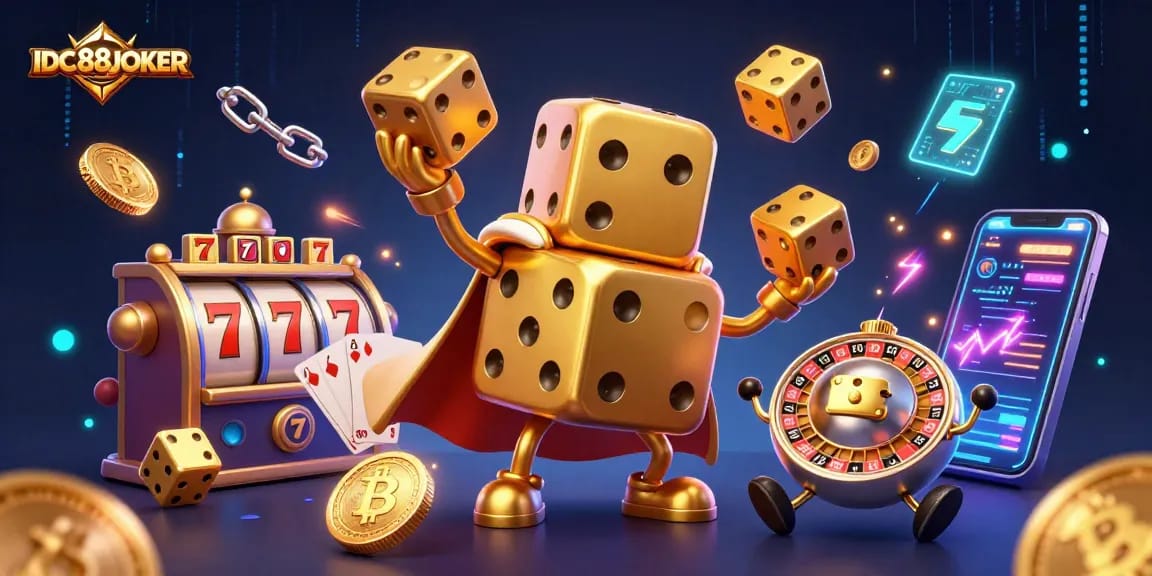 Join the excitement at IDC88JOKER with vibrant slot reels and a golden dice golem juggling for luck!