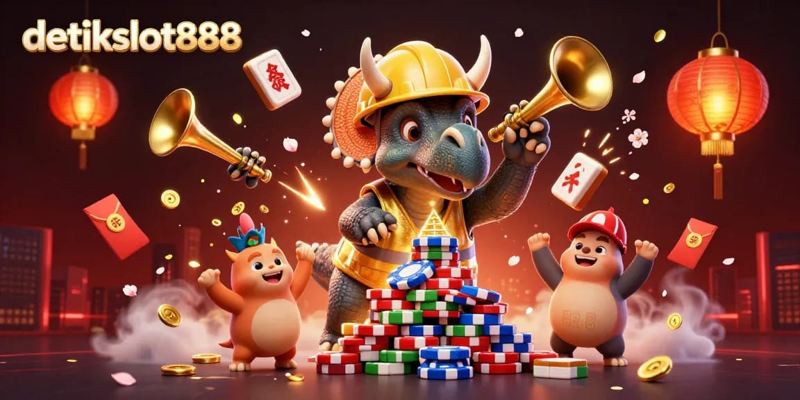 Detikslot888 menghadirkan suasana meriah dengan karakter dinosaurus membangun piramida chip poker.