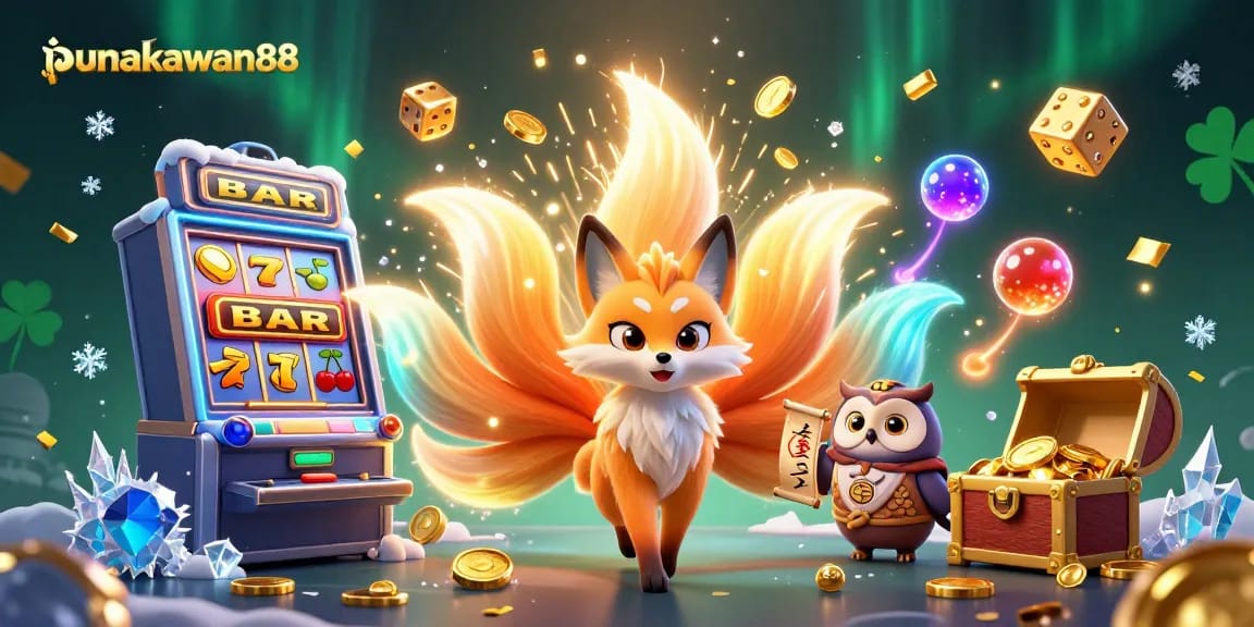 Punakawan88 showcases vibrant casino excitement with a nine-tailed fox, owl sage, and a jackpot explosion.