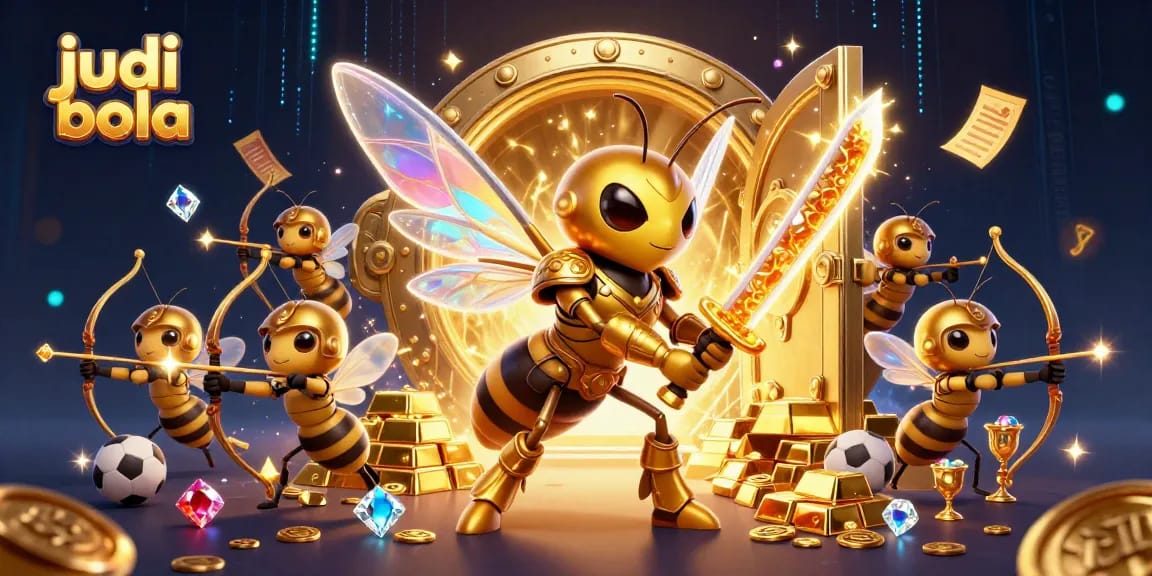Engage in judi bola excitement with a dynamic sports betting scene featuring a golden hornet and treasures.