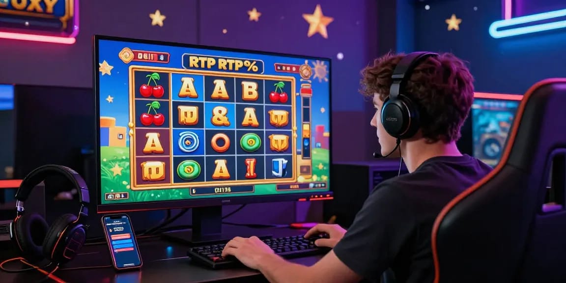 Slot gacor hari ini dengan pemain bersemangat bermain slot online di ruang permainan yang berwarna-warni.