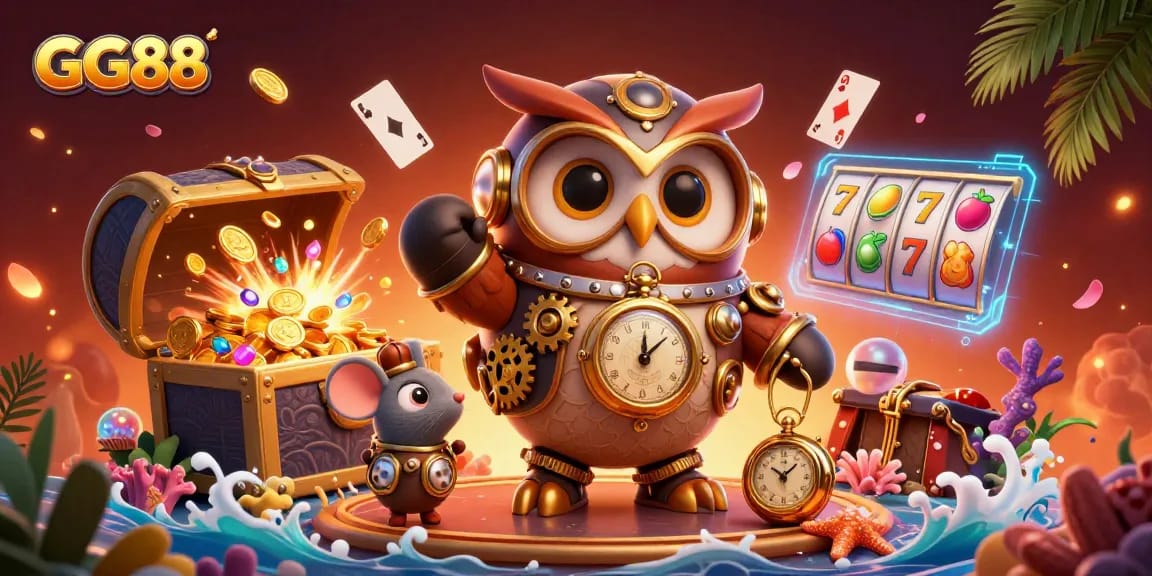 Experience thrilling gameplay with GG88's vibrant 3D illustration featuring casino elements and adventures.