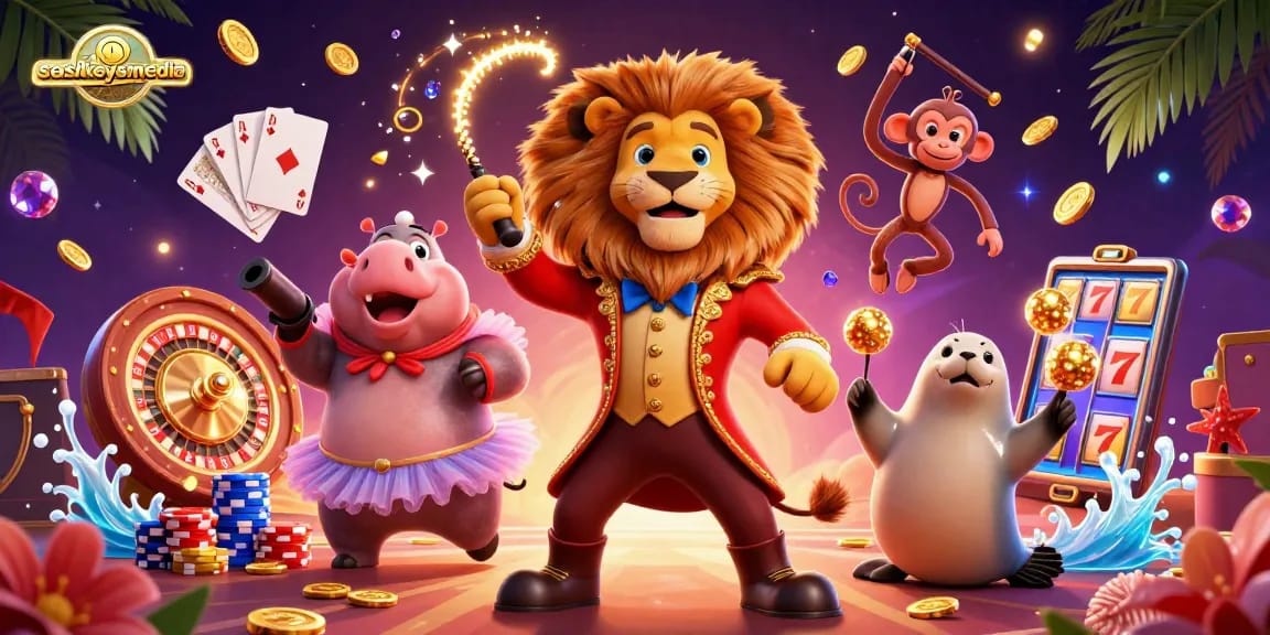 Experience thrilling gameplay with sashkeysmedia's vibrant circus-themed illustration featuring gambling elements.