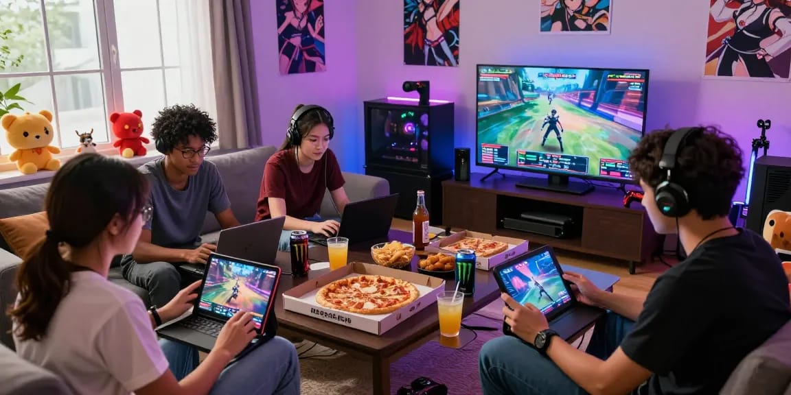 Friends enjoying a hentai game session together in a cozy living room.