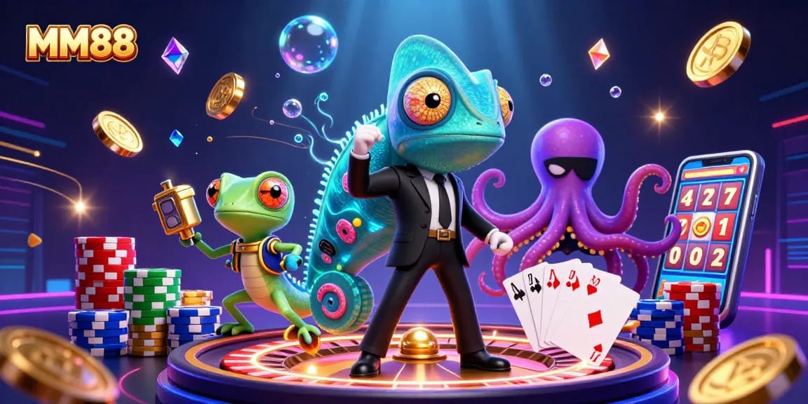 Engage in thrilling gameplay with MM88, featuring characters and dynamic casino elements.