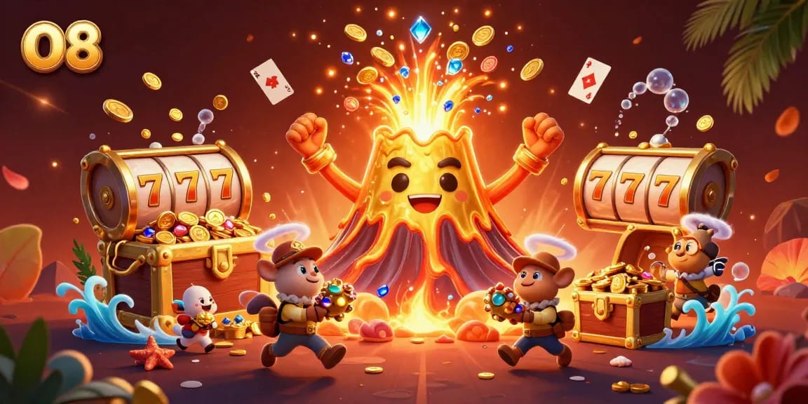 Spin the reels and win with O8, immersive 3D casino illustration displaying vibrant treasures.