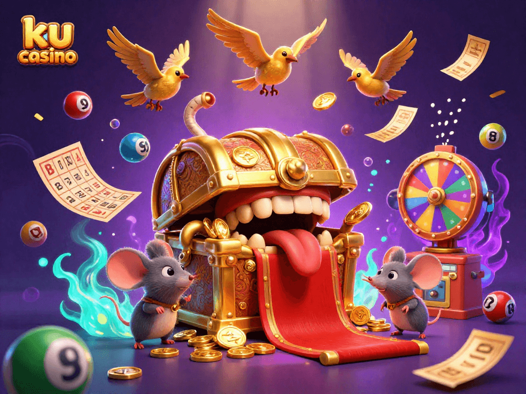 Engage in excitement at ku casino with vibrant lottery elements and a treasure chest filled with riches.
