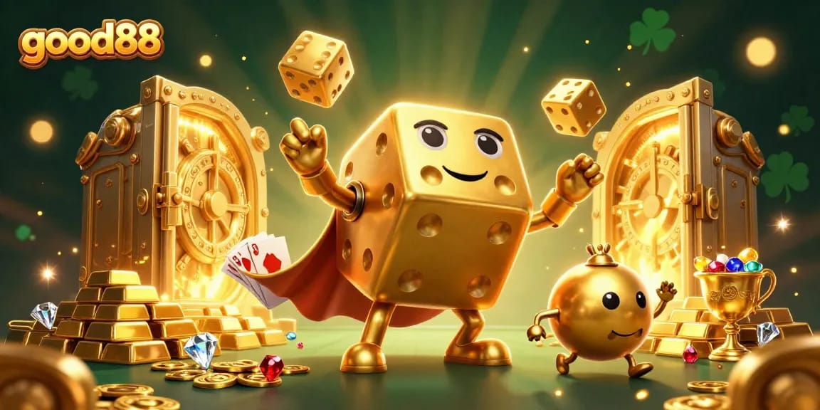 Experience the thrilling excitement of good88 with golden dice and casino treasures in a vibrant casino scene.