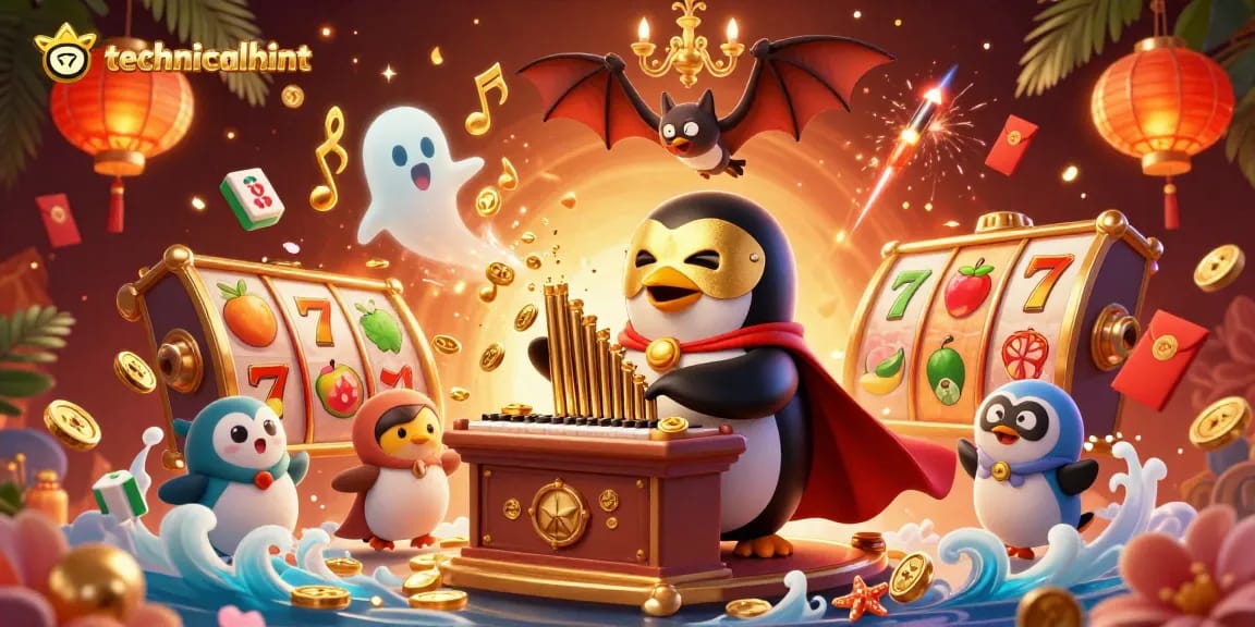 Spin slots with technicalhint in a vibrant, dynamic casino scene featuring a playful penguin.