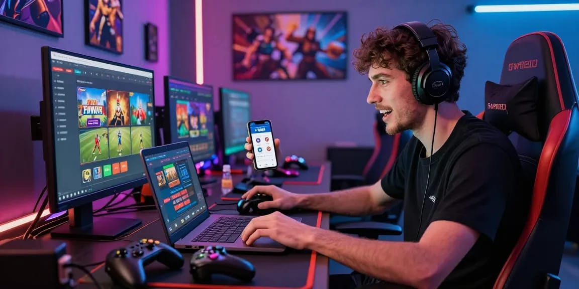Player enjoying online sports betting on 78winnh.net with vibrant neon lights and gaming accessories.