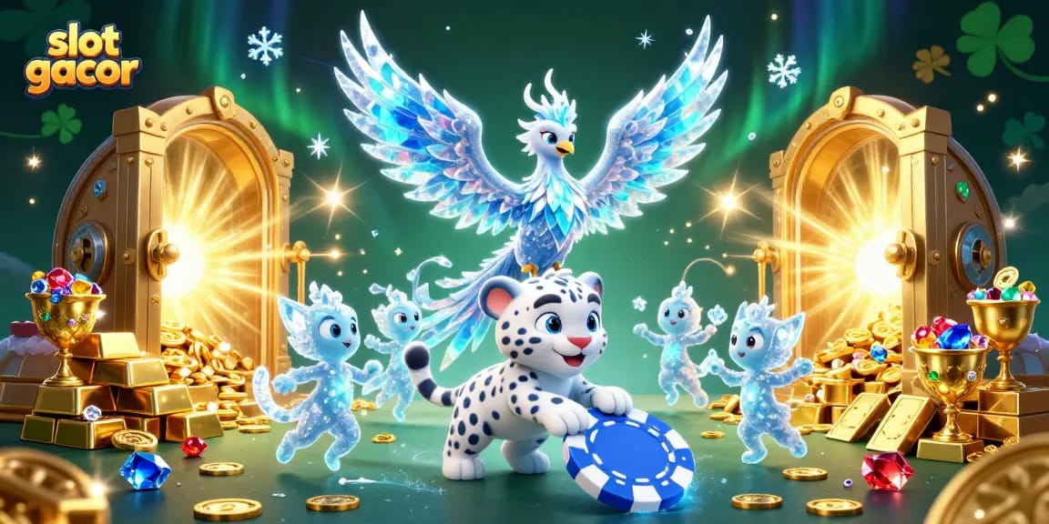Experience the magic of slot gacor with a playful ice phoenix and vibrant casino elements in a captivating illustration.