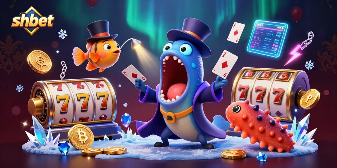 Experience shbet's vibrant casino magic with cartoon sea creatures performing tricks in a crypto-themed scene.