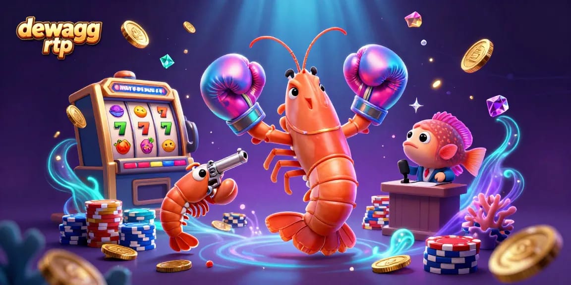 Play slots with dewagg rtp as an iridescent mantis shrimp, a pistol shrimp, and a coral grouper celebrate wins.