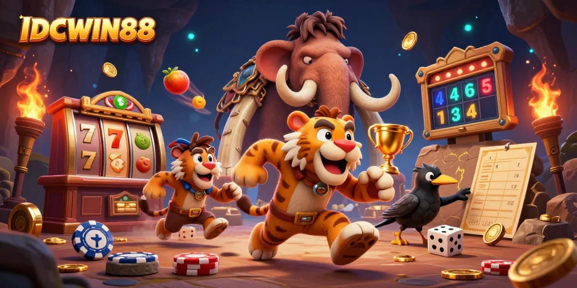 Experience thrilling gameplay with IDCWIN88 in a vibrant prehistoric casino setting filled with dynamic elements.